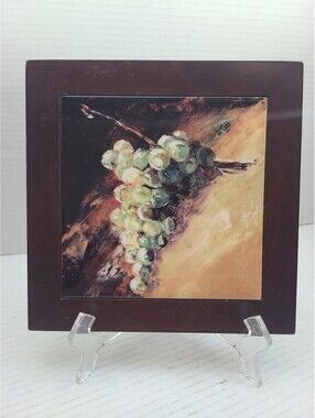 Vintage Wood Framed Ceramic Trivet Grapes Wall Decor
